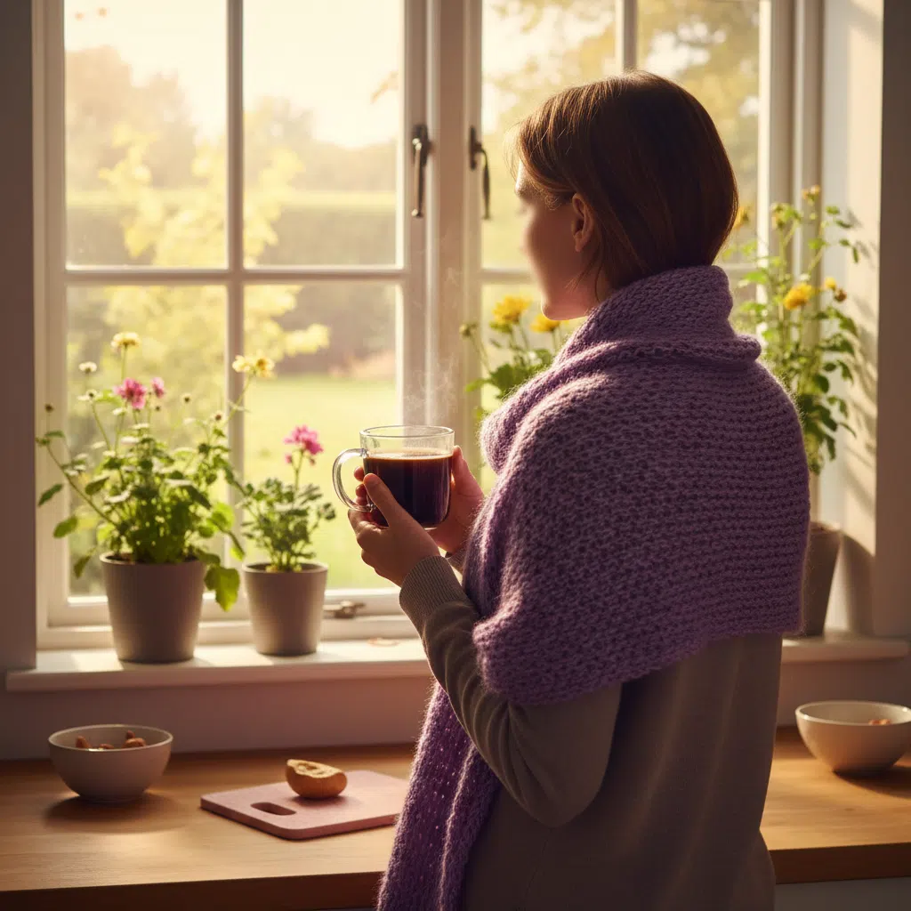 Anonymous person holding a morning coffee mug at a bright kitchen window - daily coffee routine for wellbeing